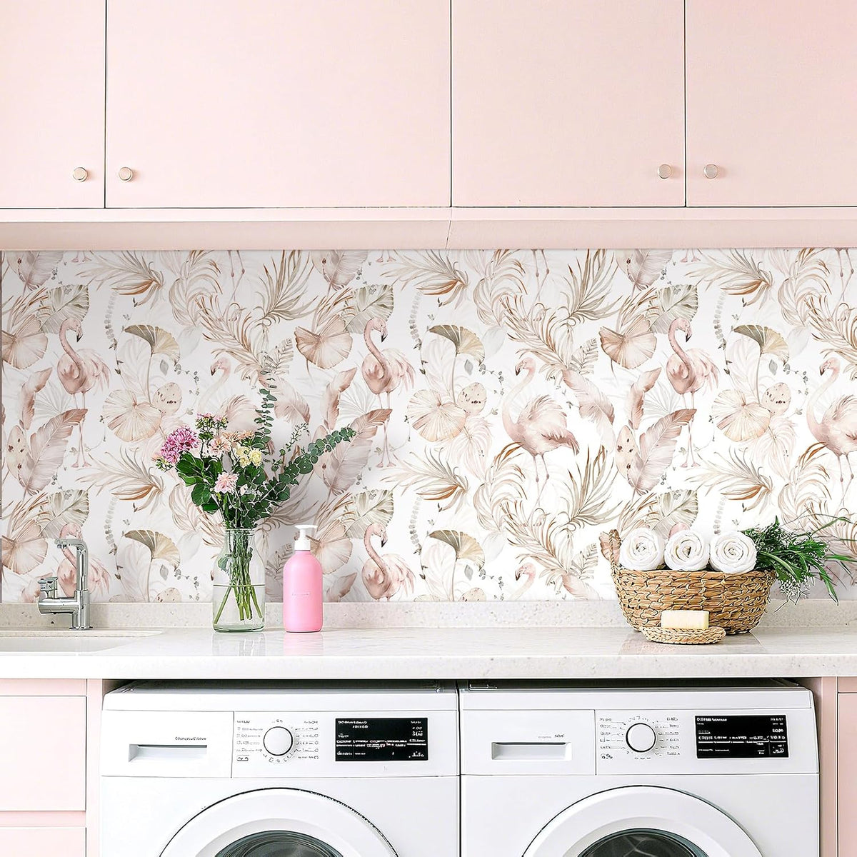 Tropical Beach Wallpaper Peel and Stick Light Pink and Green Wallpaper Flamingo Tropical Banana Palm Leaf Pink Contact Paper Removable Girly Cute Wallpapers Girls Room Nursery 17.5x78.8