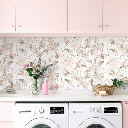 Tropical Beach Wallpaper Peel and Stick Light Pink and Green Wallpaper Flamingo Tropical Banana Palm Leaf Pink Contact Paper Removable Girly Cute Wallpapers Girls Room Nursery 17.5x78.8