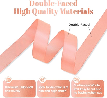 Peach Satin Ribbon, Double Faced 5/8 Inch X 50 Yards Peach Ribbon, Premium Satin Ribbon for Gift Wrapping, Crafts, Hair Bow Making, Sewing, Flower Bouquet, Wedding Party Decor