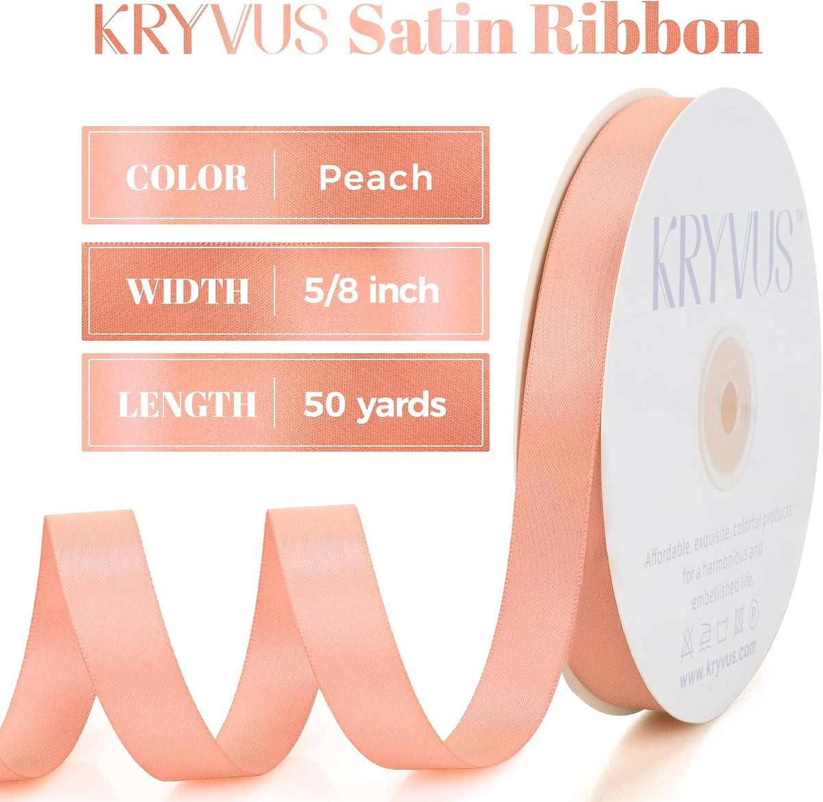 Peach Satin Ribbon, Double Faced 5/8 Inch X 50 Yards Peach Ribbon, Premium Satin Ribbon for Gift Wrapping, Crafts, Hair Bow Making, Sewing, Flower Bouquet, Wedding Party Decor