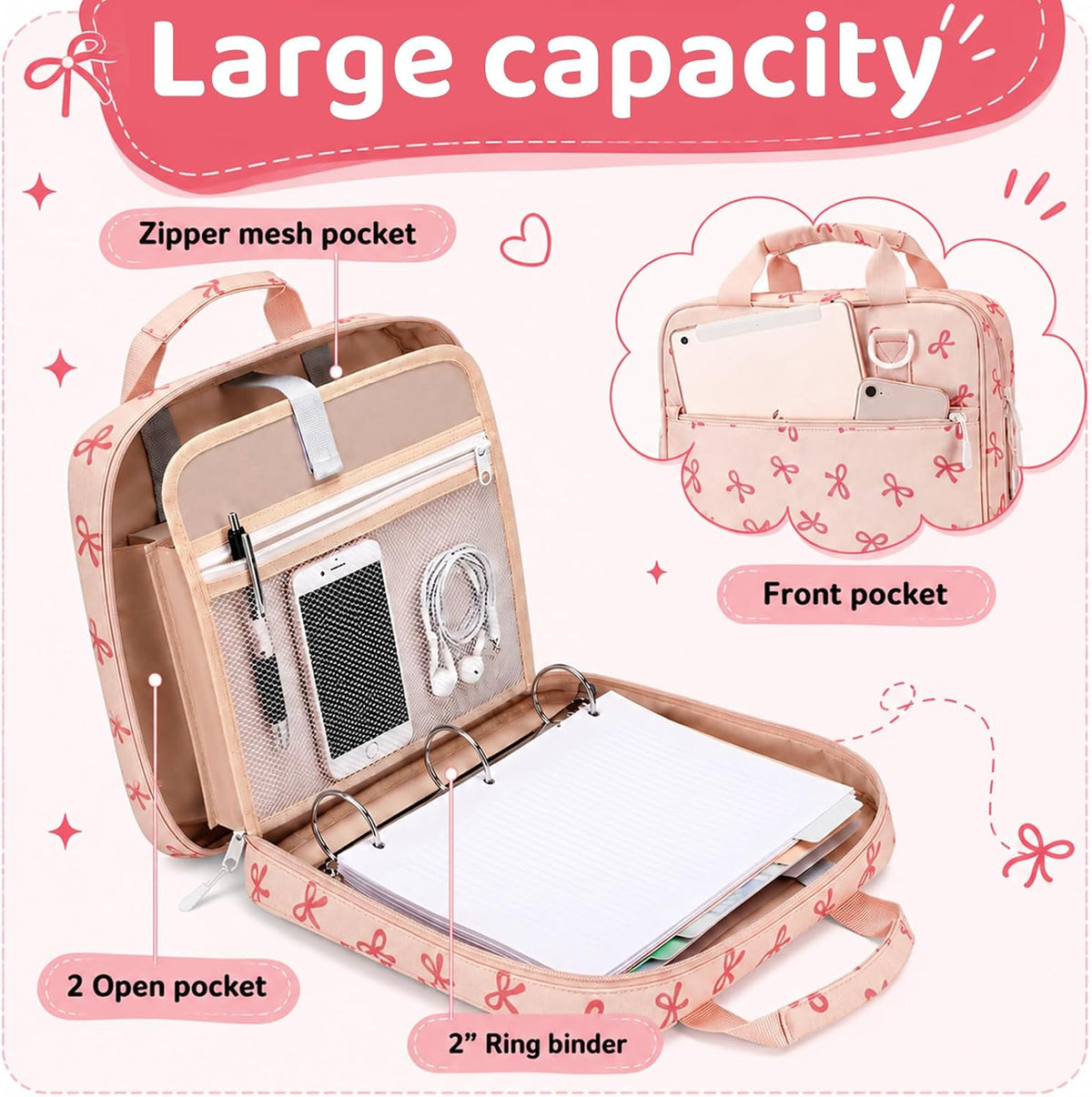 Zipper Binder Folder Keeper with Strap 2", 3 Ring, Pink, Bow