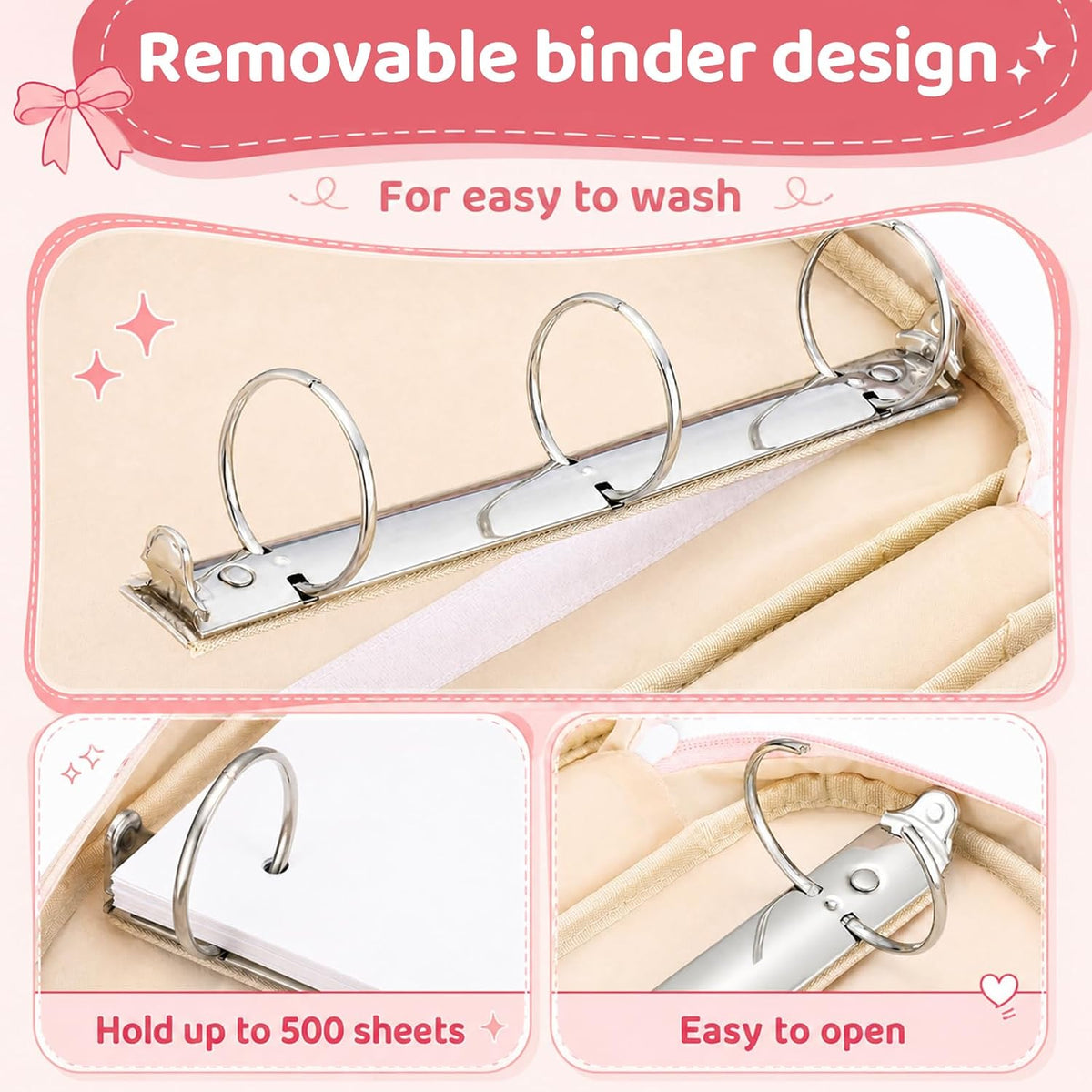 Zipper Binder Folder Keeper with Strap 2", 3 Ring, Pink, Bow