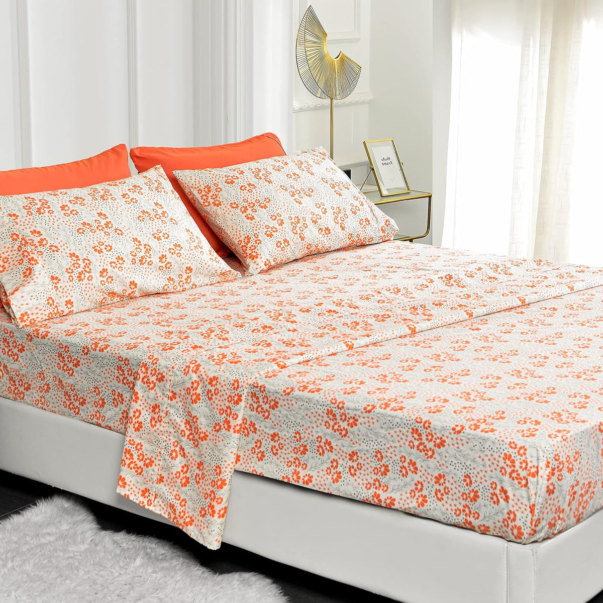 Ultra-Soft Microfiber Sheet Set - Double Brushed - Wrinkle and Stain Resistance - Fit 14 inches Deep Pocket - 6 Pieces Set (Queen, Peach Floral)