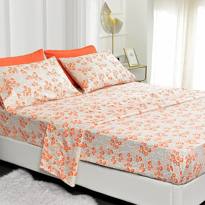 Ultra-Soft Microfiber Sheet Set - Double Brushed - Wrinkle and Stain Resistance - Fit 14 inches Deep Pocket - 6 Pieces Set (Queen, Peach Floral)