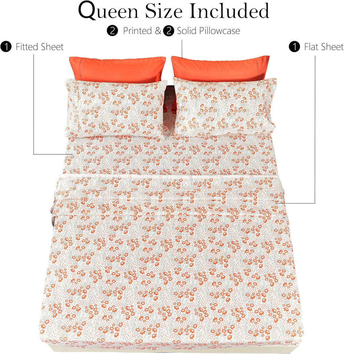 Ultra-Soft Microfiber Sheet Set - Double Brushed - Wrinkle and Stain Resistance - Fit 14 inches Deep Pocket - 6 Pieces Set (Queen, Peach Floral)