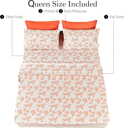Ultra-Soft Microfiber Sheet Set - Double Brushed - Wrinkle and Stain Resistance - Fit 14 inches Deep Pocket - 6 Pieces Set (Queen, Peach Floral)