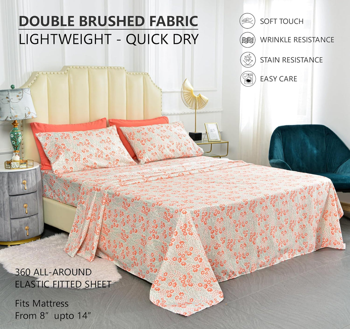 Ultra-Soft Microfiber Sheet Set - Double Brushed - Wrinkle and Stain Resistance - Fit 14 inches Deep Pocket - 6 Pieces Set (Queen, Peach Floral)