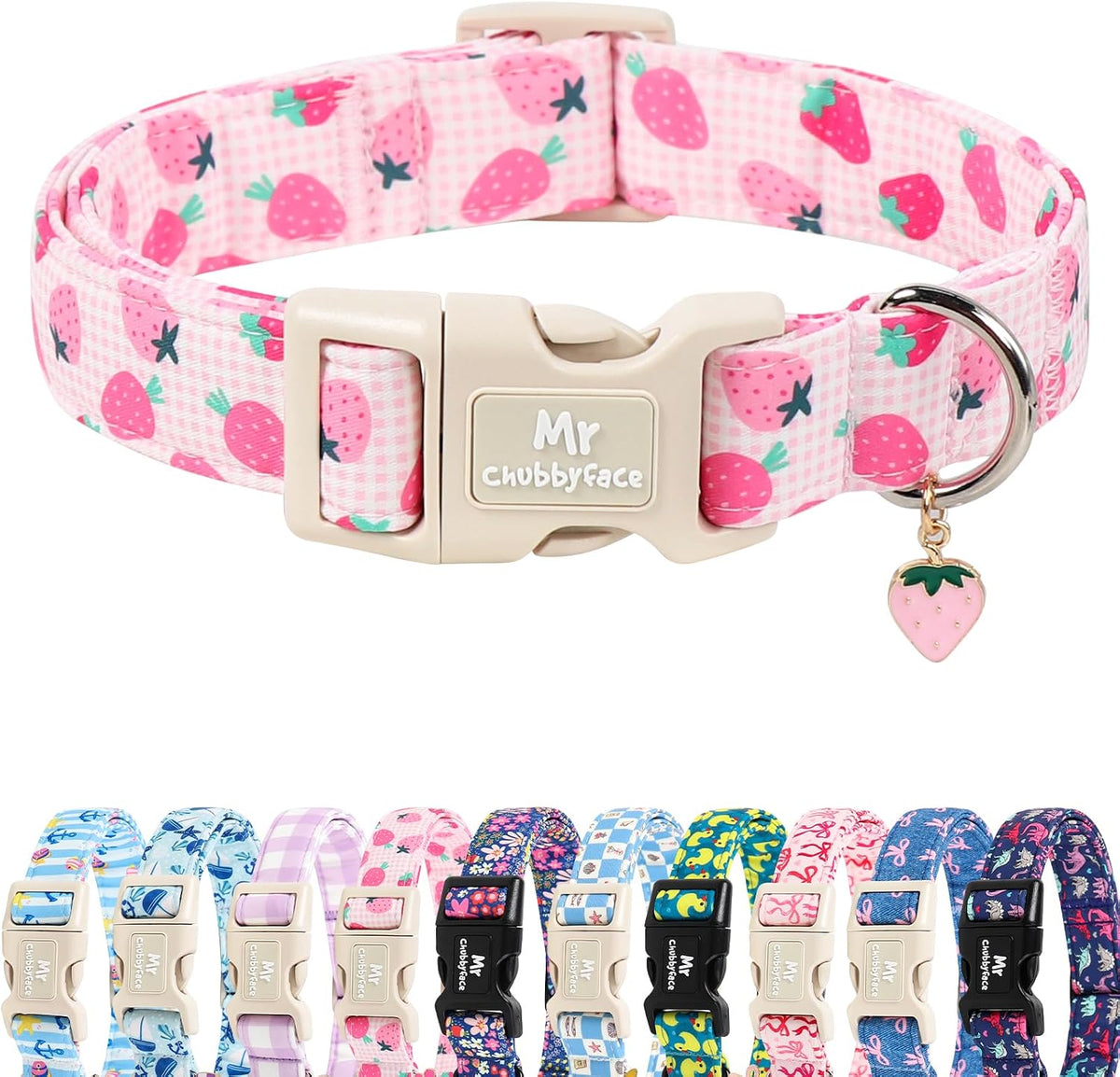 ·MR.CHUBBYFACE· Pink Strawberry Dog Collar for Small Dogs S