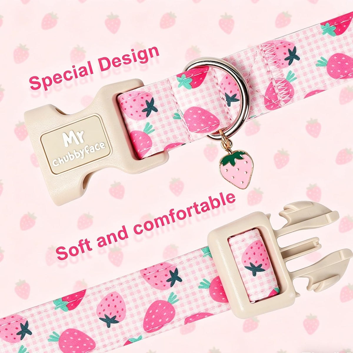 ·MR.CHUBBYFACE· Pink Strawberry Dog Collar for Small Dogs S