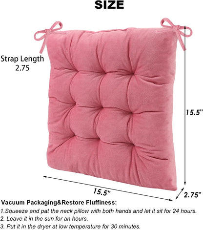 2 Pack Square Seat Cushion Chair Pads for Kitchen Dining Chairs, Soft Comfort Velvet Chair Mat Pillow Cushions with Ties for Office Desk Living Room Tatami 15.5", Pink