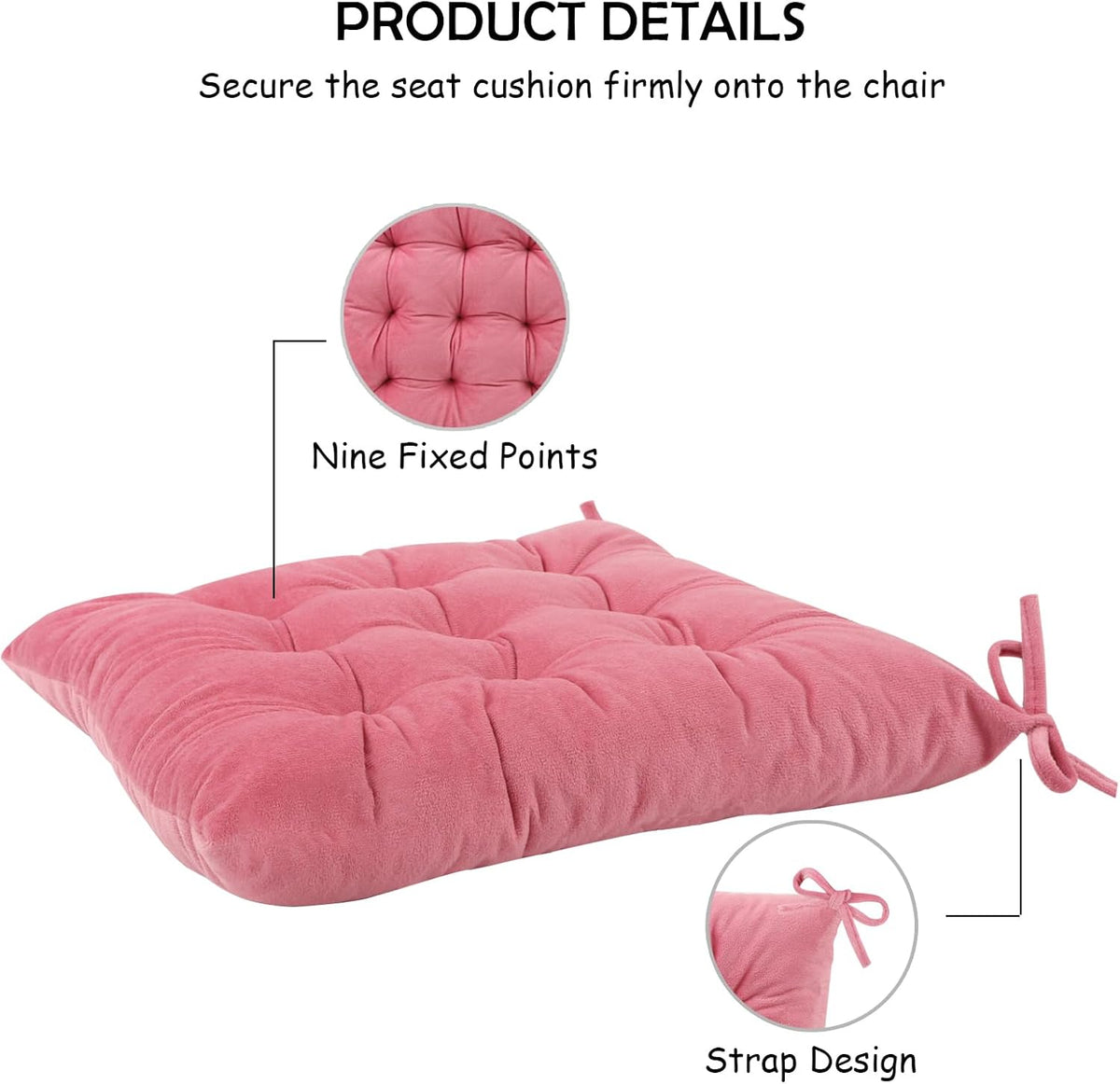 2 Pack Square Seat Cushion Chair Pads for Kitchen Dining Chairs, Soft Comfort Velvet Chair Mat Pillow Cushions with Ties for Office Desk Living Room Tatami 15.5", Pink