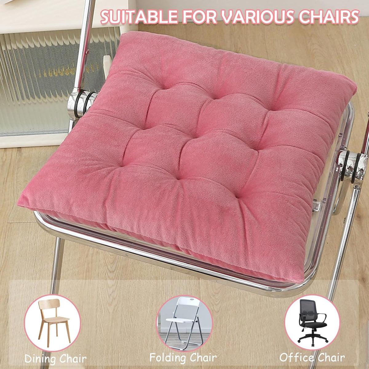 2 Pack Square Seat Cushion Chair Pads for Kitchen Dining Chairs, Soft Comfort Velvet Chair Mat Pillow Cushions with Ties for Office Desk Living Room Tatami 15.5", Pink