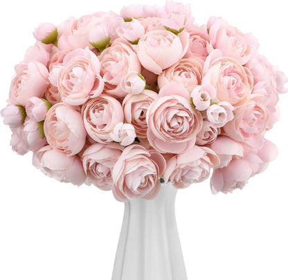 48 Pcs Ranunculus Artificial Flowers Faux Silk,Pink