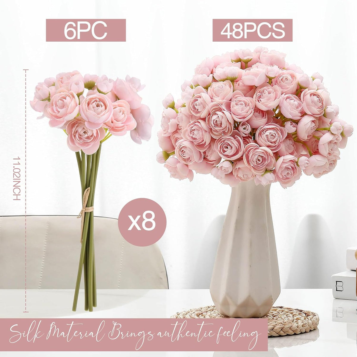 48 Pcs Ranunculus Artificial Flowers Faux Silk,Pink