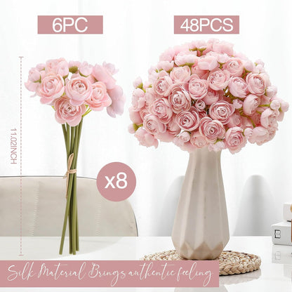 48 Pcs Ranunculus Artificial Flowers Faux Silk,Pink