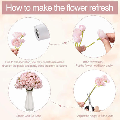 48 Pcs Ranunculus Artificial Flowers Faux Silk,Pink