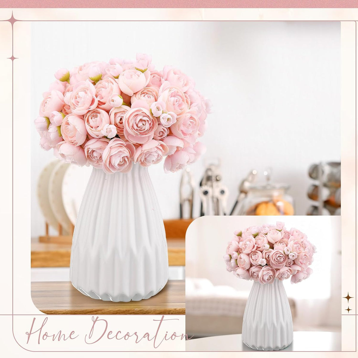 48 Pcs Ranunculus Artificial Flowers Faux Silk,Pink