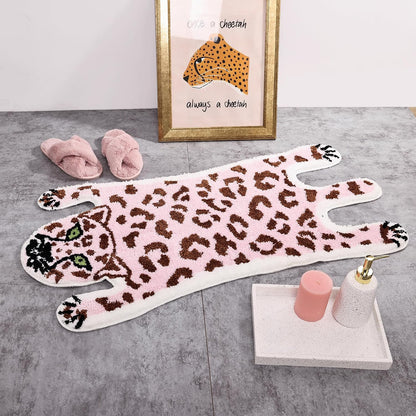Cute Pink Leopard Bath Mat for Bathroom, Cute Cartoon Bath Mat Non Slip Animals Shaped Absorbent Bathtub Rug Bathroom Plush Shower Rugs