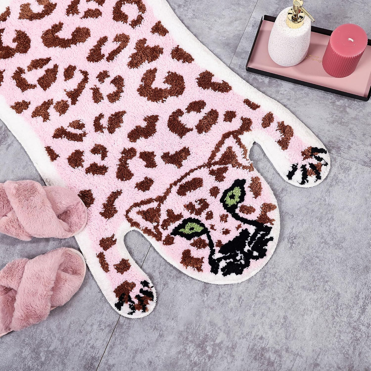 Cute Pink Leopard Bath Mat for Bathroom, Cute Cartoon Bath Mat Non Slip Animals Shaped Absorbent Bathtub Rug Bathroom Plush Shower Rugs