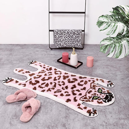Cute Pink Leopard Bath Mat for Bathroom, Cute Cartoon Bath Mat Non Slip Animals Shaped Absorbent Bathtub Rug Bathroom Plush Shower Rugs