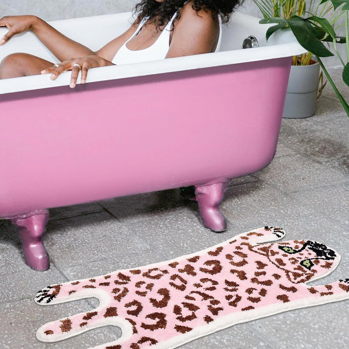 Cute Pink Leopard Bath Mat for Bathroom, Cute Cartoon Bath Mat Non Slip Animals Shaped Absorbent Bathtub Rug Bathroom Plush Shower Rugs