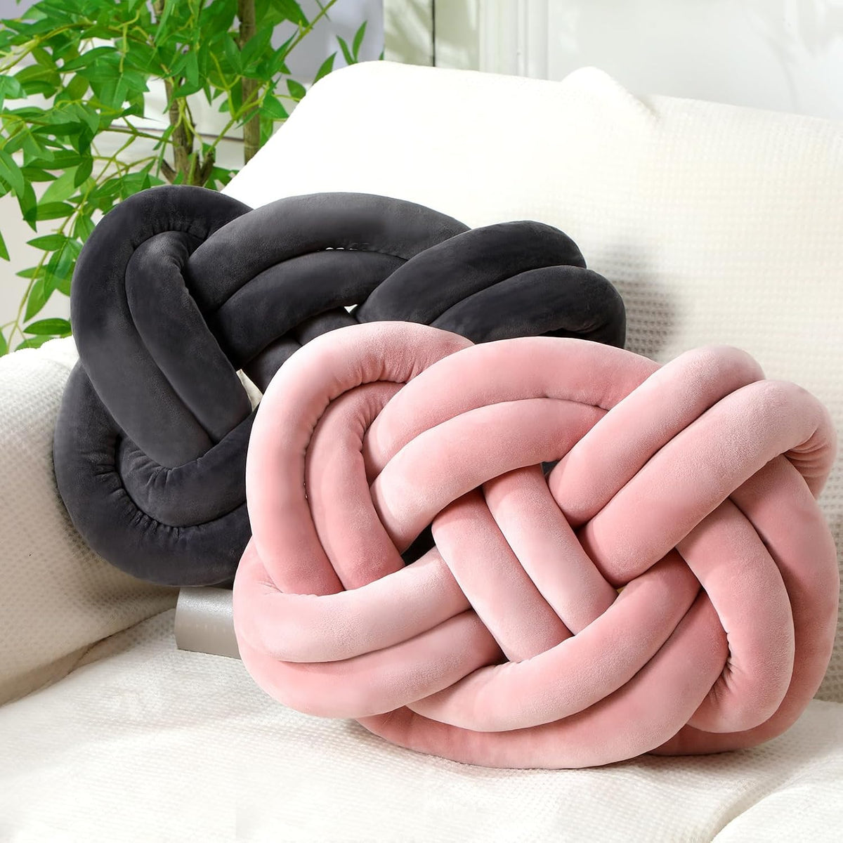2 Pcs Velvet Knot Pillow Ball Soft Throw Pillow, Pink and Gray
