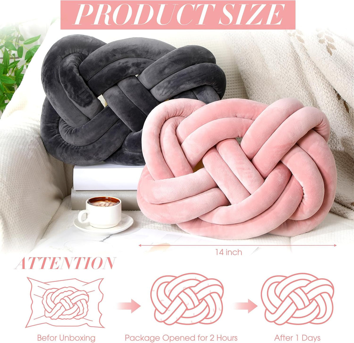 2 Pcs Velvet Knot Pillow Ball Soft Throw Pillow, Pink and Gray