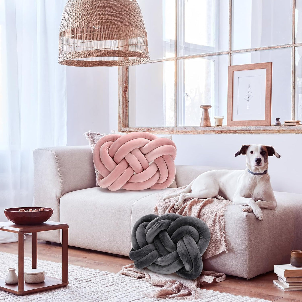 2 Pcs Velvet Knot Pillow Ball Soft Throw Pillow, Pink and Gray