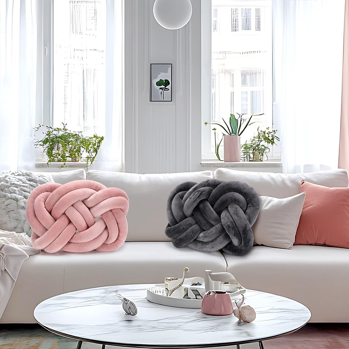 2 Pcs Velvet Knot Pillow Ball Soft Throw Pillow, Pink and Gray