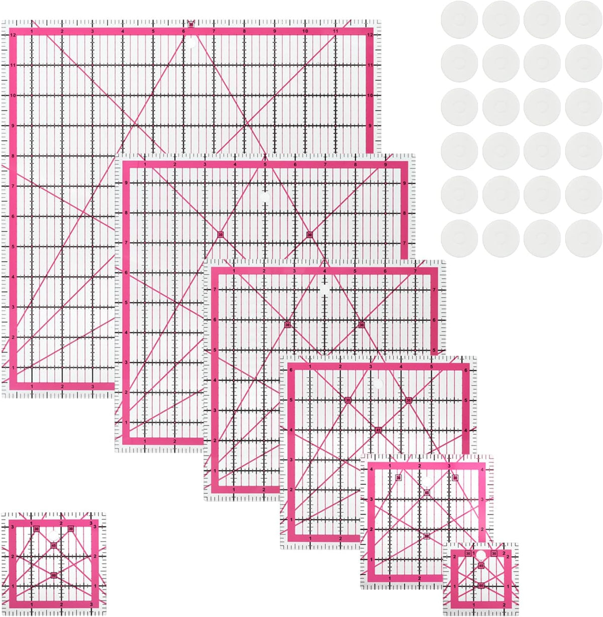 Quilting Rulers,7 Pack Pink Square Acrylic Sewing Ruler Set(2.5",3.5",4.5",6.5",8",10",12.5"),Precision Inch Fabric Cutting Template with 24Pcs Non Slip Grips for Sewing Craft, Patchwork & DIY Crafts
