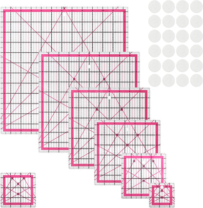 Quilting Rulers,7 Pack Pink Square Acrylic Sewing Ruler Set(2.5",3.5",4.5",6.5",8",10",12.5"),Precision Inch Fabric Cutting Template with 24Pcs Non Slip Grips for Sewing Craft, Patchwork & DIY Crafts