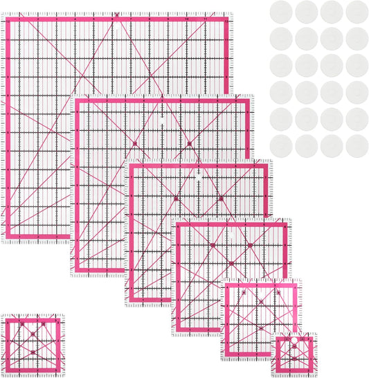 Quilting Rulers,7 Pack Pink Square Acrylic Sewing Ruler Set(2.5",3.5",4.5",6.5",8",10",12.5"),Precision Inch Fabric Cutting Template with 24Pcs Non Slip Grips for Sewing Craft, Patchwork & DIY Crafts