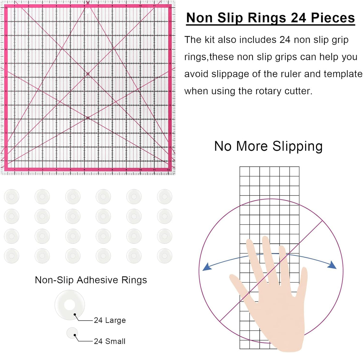 Quilting Rulers,7 Pack Pink Square Acrylic Sewing Ruler Set(2.5",3.5",4.5",6.5",8",10",12.5"),Precision Inch Fabric Cutting Template with 24Pcs Non Slip Grips for Sewing Craft, Patchwork & DIY Crafts