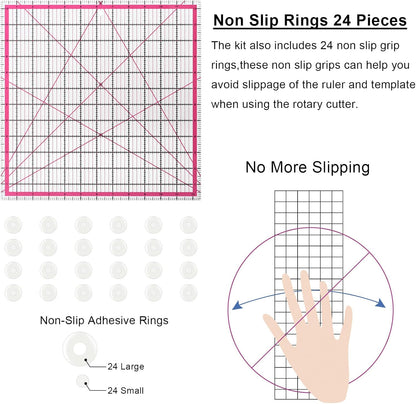 Quilting Rulers,7 Pack Pink Square Acrylic Sewing Ruler Set(2.5",3.5",4.5",6.5",8",10",12.5"),Precision Inch Fabric Cutting Template with 24Pcs Non Slip Grips for Sewing Craft, Patchwork & DIY Crafts