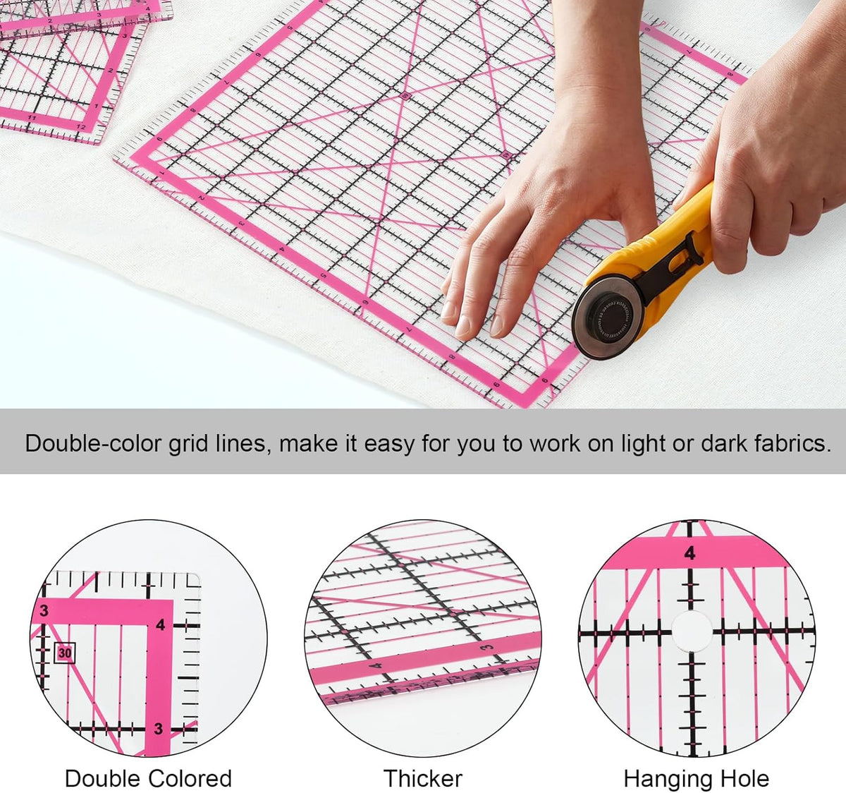 Quilting Rulers,7 Pack Pink Square Acrylic Sewing Ruler Set(2.5",3.5",4.5",6.5",8",10",12.5"),Precision Inch Fabric Cutting Template with 24Pcs Non Slip Grips for Sewing Craft, Patchwork & DIY Crafts