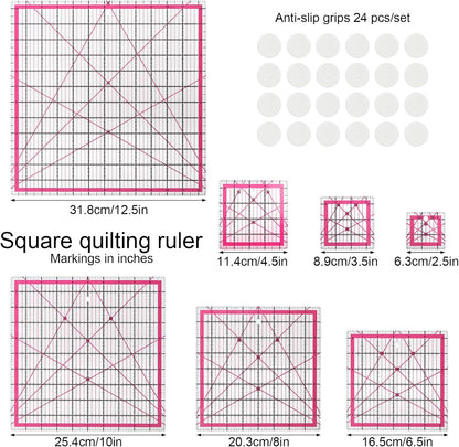 Quilting Rulers,7 Pack Pink Square Acrylic Sewing Ruler Set(2.5",3.5",4.5",6.5",8",10",12.5"),Precision Inch Fabric Cutting Template with 24Pcs Non Slip Grips for Sewing Craft, Patchwork & DIY Crafts