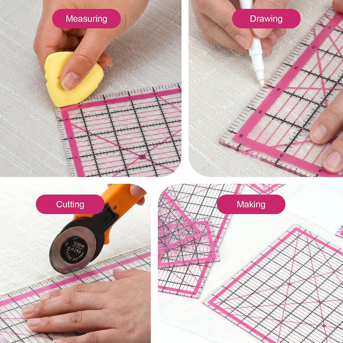 Quilting Rulers,7 Pack Pink Square Acrylic Sewing Ruler Set(2.5",3.5",4.5",6.5",8",10",12.5"),Precision Inch Fabric Cutting Template with 24Pcs Non Slip Grips for Sewing Craft, Patchwork & DIY Crafts