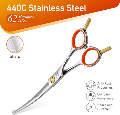 5'' Small Curved Scissors Lightweight Dog Cat Grooming Scissors with Safety Round Tip JP440C Stainless Steel Sharp Blades for Body Facial Nose Ear and Paw Hair Easy Use