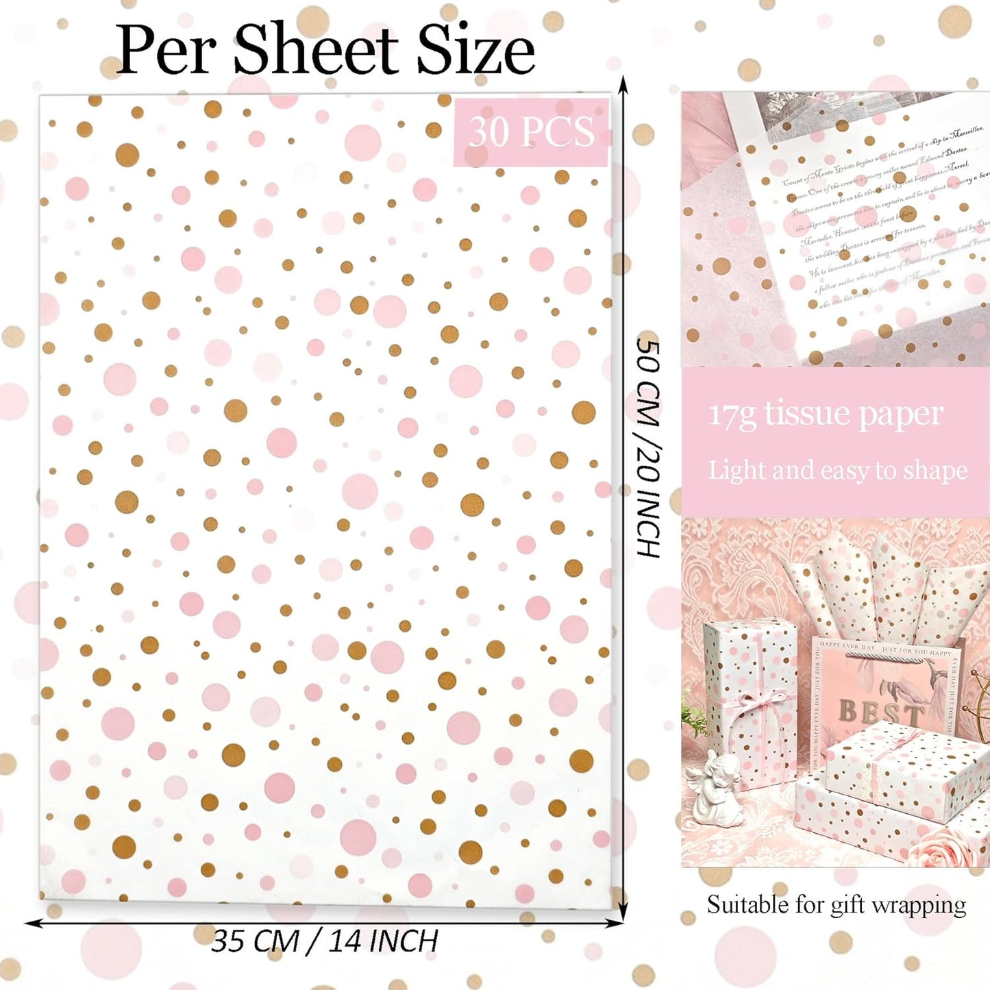 Tissue Paper Gift Wrap, Cute Pink and Brown Polka Dot Tissue Paper for Gift Bags, Pastel Packaging for Girl's Birthday, Baby Shower, Wedding, Mother's Day, Party Decor, DIY Crafts,30 Sheets 20x14inch