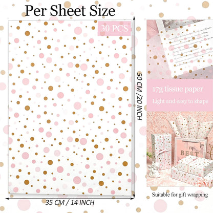 Tissue Paper Gift Wrap, Cute Pink and Brown Polka Dot Tissue Paper for Gift Bags, Pastel Packaging for Girl's Birthday, Baby Shower, Wedding, Mother's Day, Party Decor, DIY Crafts,30 Sheets 20x14inch