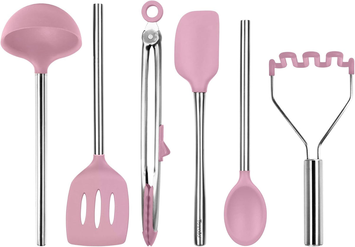 Silicone Cooking Utensil Set of 6 Pink Sorbet Ladle Slotted Turner Tongs Flex Core Spatula Scraper Mixing Spoon and Potato Masher, Dishwasher Safe BPA Free Silicone Kitchen Utensils