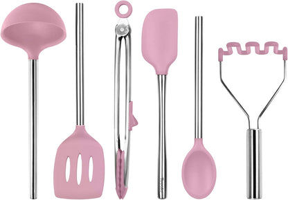 Silicone Cooking Utensil Set of 6 Pink Sorbet Ladle Slotted Turner Tongs Flex Core Spatula Scraper Mixing Spoon and Potato Masher, Dishwasher Safe BPA Free Silicone Kitchen Utensils