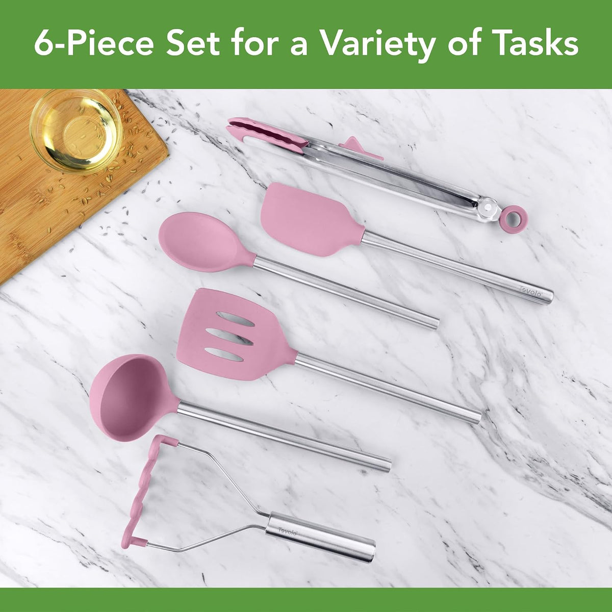 Silicone Cooking Utensil Set of 6 Pink Sorbet Ladle Slotted Turner Tongs Flex Core Spatula Scraper Mixing Spoon and Potato Masher, Dishwasher Safe BPA Free Silicone Kitchen Utensils