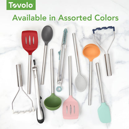 Silicone Cooking Utensil Set of 6 Pink Sorbet Ladle Slotted Turner Tongs Flex Core Spatula Scraper Mixing Spoon and Potato Masher, Dishwasher Safe BPA Free Silicone Kitchen Utensils
