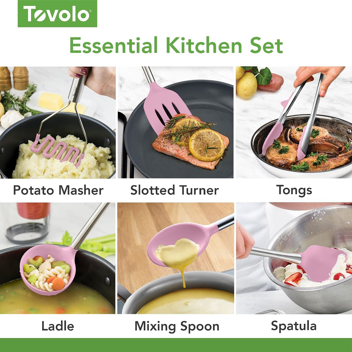Silicone Cooking Utensil Set of 6 Pink Sorbet Ladle Slotted Turner Tongs Flex Core Spatula Scraper Mixing Spoon and Potato Masher, Dishwasher Safe BPA Free Silicone Kitchen Utensils