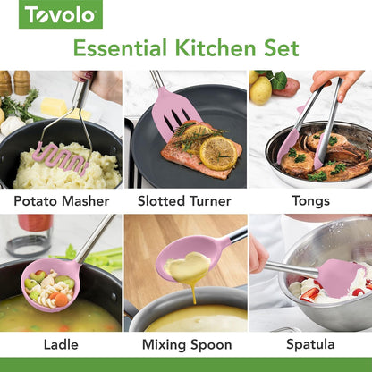Silicone Cooking Utensil Set of 6 Pink Sorbet Ladle Slotted Turner Tongs Flex Core Spatula Scraper Mixing Spoon and Potato Masher, Dishwasher Safe BPA Free Silicone Kitchen Utensils