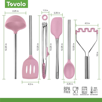 Silicone Cooking Utensil Set of 6 Pink Sorbet Ladle Slotted Turner Tongs Flex Core Spatula Scraper Mixing Spoon and Potato Masher, Dishwasher Safe BPA Free Silicone Kitchen Utensils