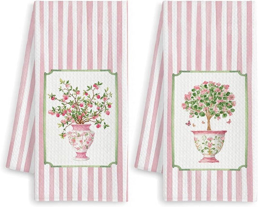 Pink Chinoiserie Floral Kitchen Towels, Grandmillennial Flower Dish Tea Towels, Cottagecore Botanical Striped Decorative Hand Towel for Kitchen Bathroom, 16x24 Inch Set of 2