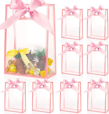 Clear Gift Bags with Handle, 8 PCS PVC Gift Bag with Ribbon Bow for Christmas Easter Wedding Baby Shower Birthday Party(Pink)