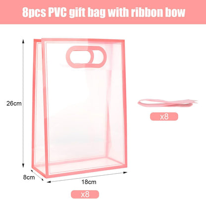 Clear Gift Bags with Handle, 8 PCS PVC Gift Bag with Ribbon Bow for Christmas Easter Wedding Baby Shower Birthday Party(Pink)